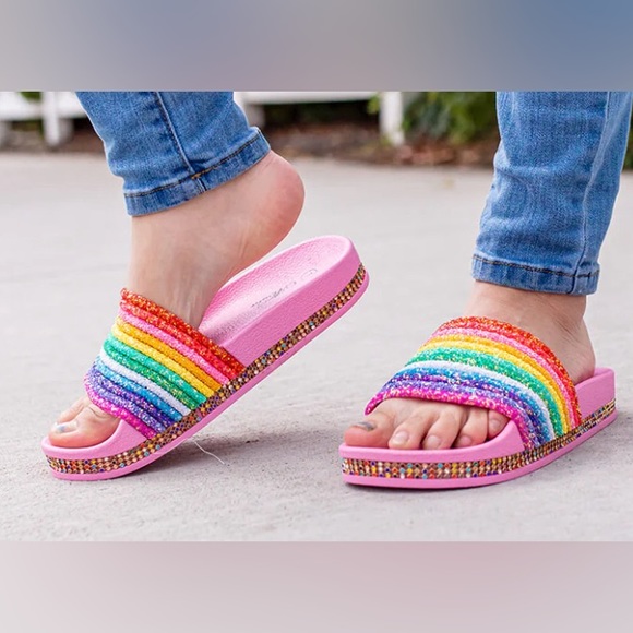 ⭐️EUC - Anina - Pink & Rainbow Sparkle Samdal Slides - Woman's Size 6 - Picture 4 of 10
